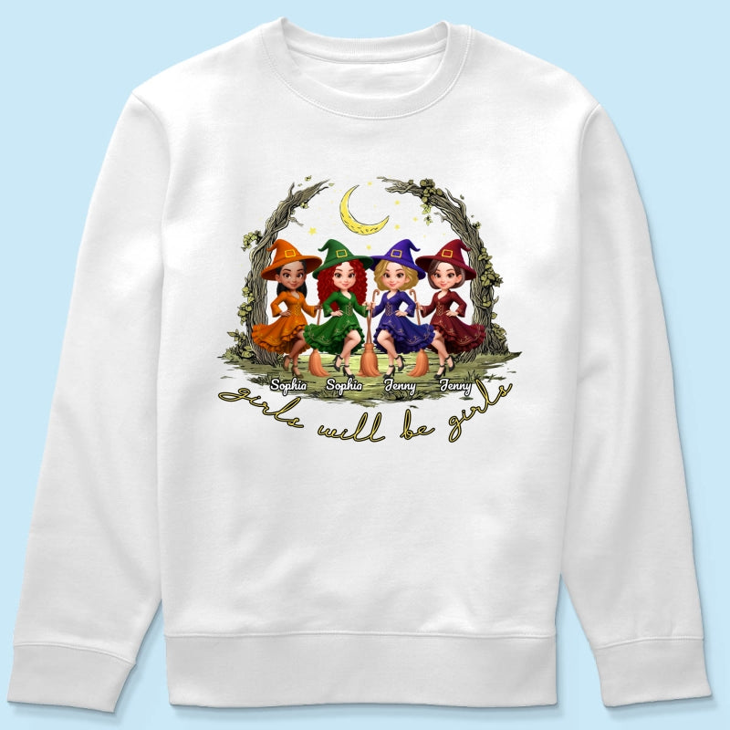 Halloween Witch Besties Sisters Friends Under Moon Personalized Sweatshirt, Halloween Matching Shirt