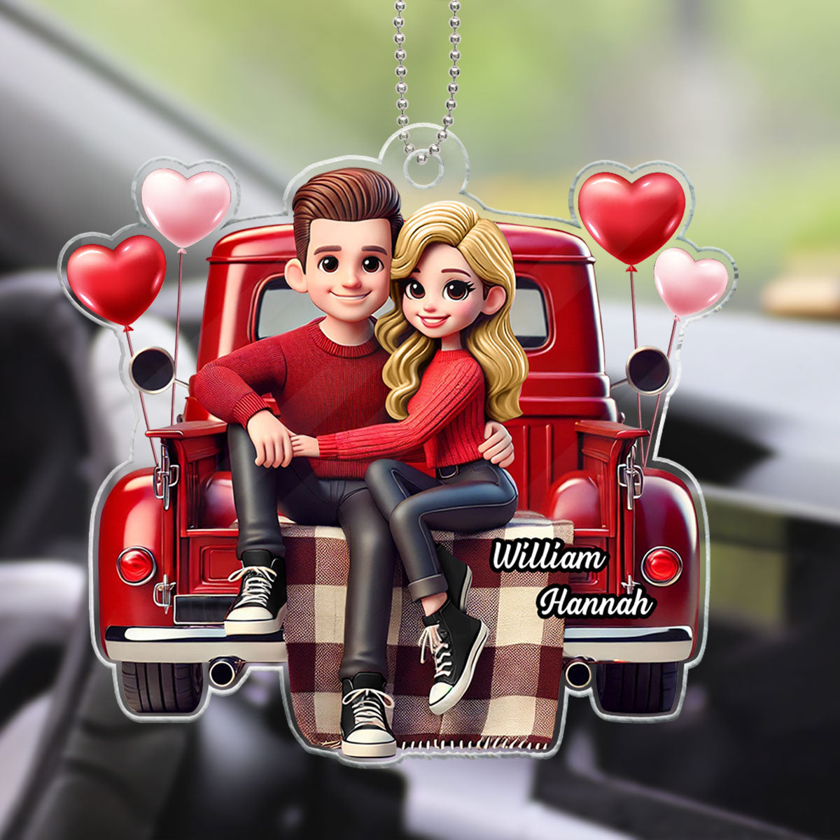 3D Effect Couple Sitting On Red Truck Personalized Acrylic Car Hanger, Gift, Anniversary Gift For Couples