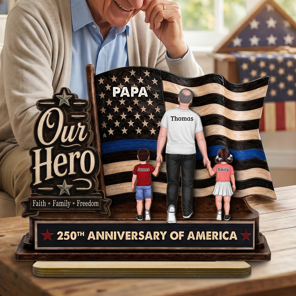 Dad Grandpa Our Hero American Flag 2D Flat - Personalized 2-Layered Wooden Plaque - Gift For Patriotic Dad, Grandpa, Husband