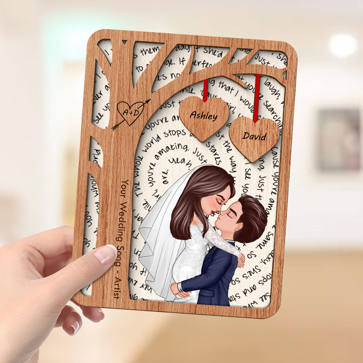 Couple Kissing Under Tree Custom Vinyl Lyrics Personalized Music 2-Layered Wooden Plaque, Wedding Song Dance, Gift for her & for him