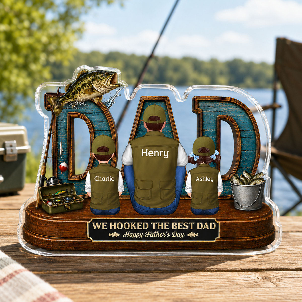 Fishing Dad And Kids We Hooked The Best Dad - Personalized Acrylic Block Plaque - Gift For Dad, Husband