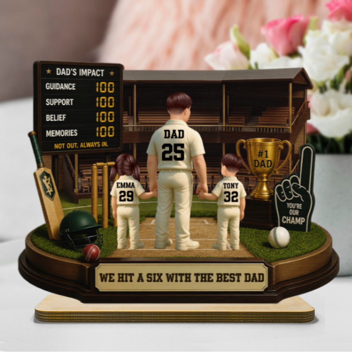 Hit A Six With The Best Dad Cricket Dad - Personalised 2-Layered Wooden Plaque - Gift For Husband, Dad