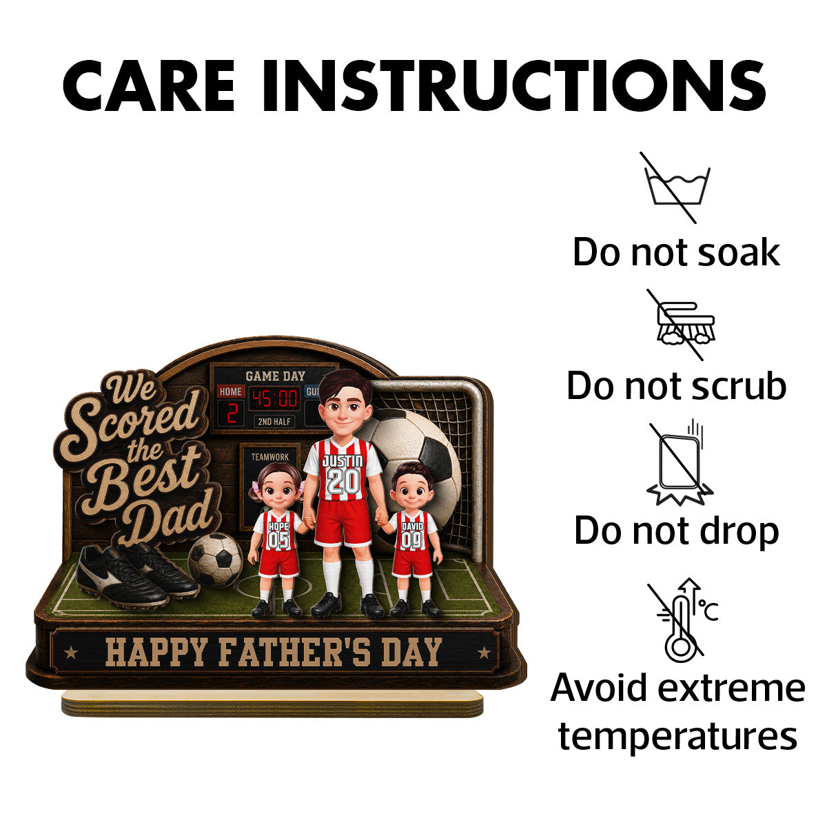 Soccer Dad & Kids On Court 2D Flat - Personalized 2-Layered Wooden Plaque - Gift For Soccer Dad, UK Football Dad