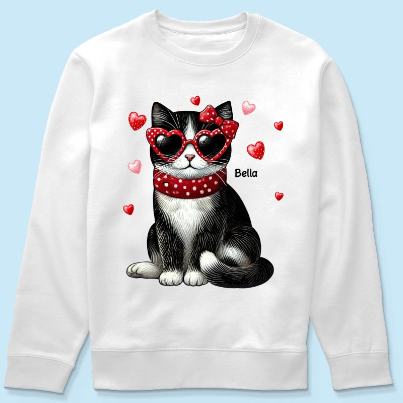Retro Coquette Cat Sitting Sweatshirt, Personalized Sweatshirt For Cat Moms