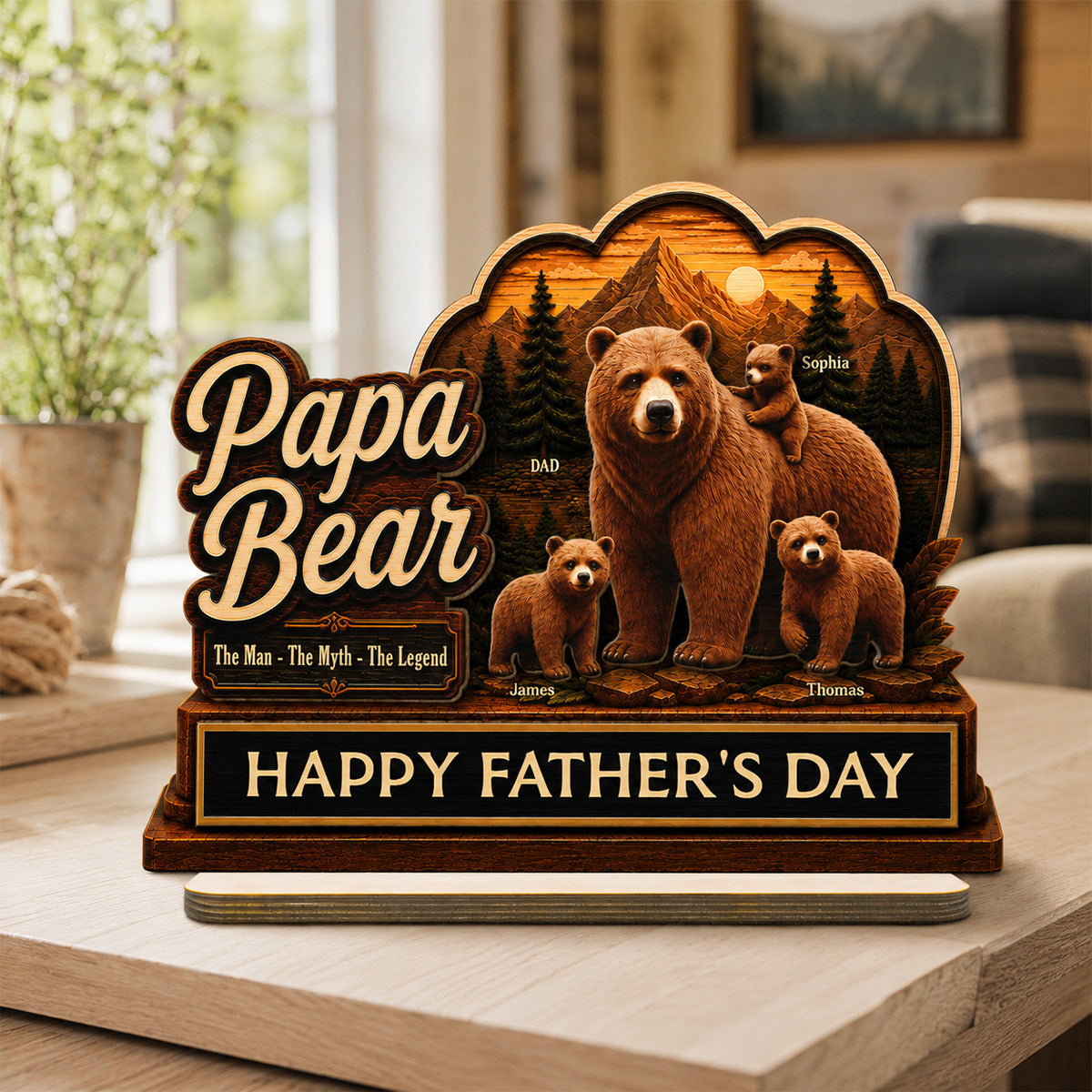 Papa Bear The Man The Myth The Legend 2D Flat - Personalized 2-Layered Wooden Plaque - Gift For Husband, Dad