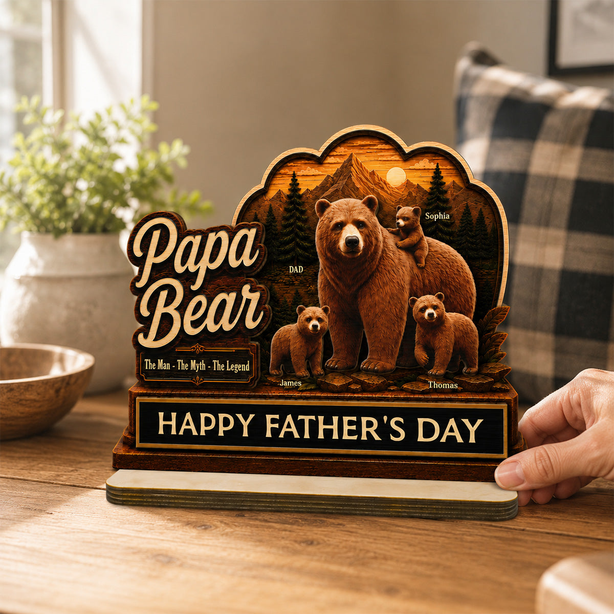 Papa Bear The Man The Myth The Legend 2D Flat - Personalized 2-Layered Wooden Plaque - Gift For Husband, Dad