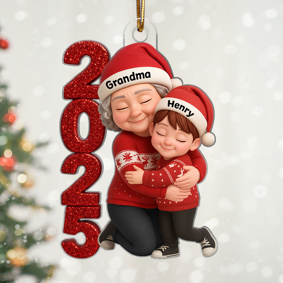 3D Crystal Effect 2025 Grandma Hugging Grandkids - Personalized Acrylic Ornament - Gift for Grandma, Grandkids