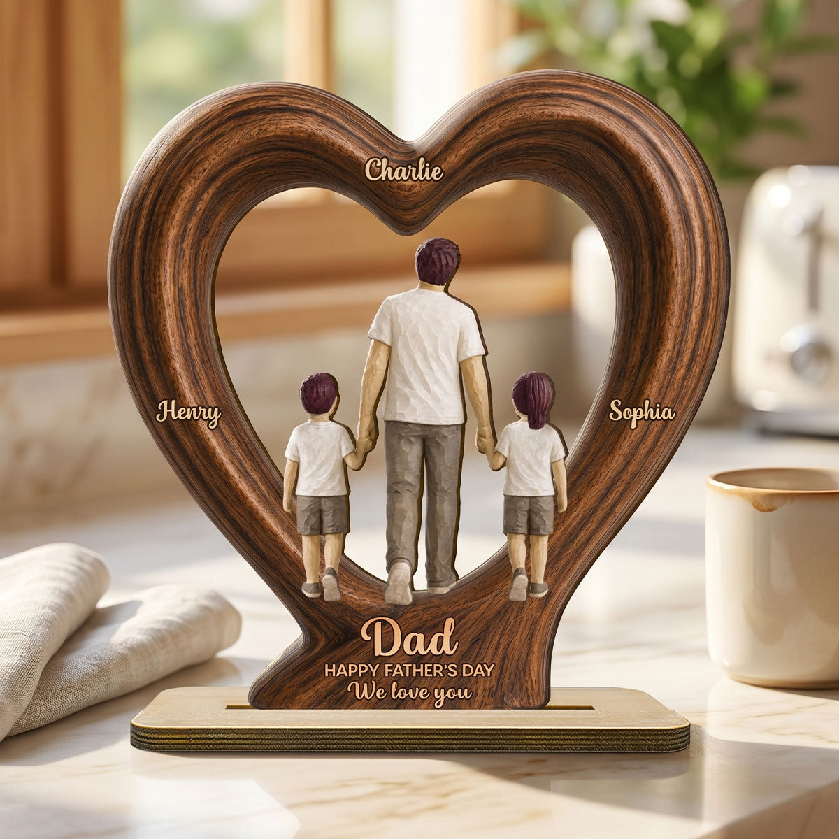 Sentimental Rustic Dad And Kids Walking In Heart 2D Flat - Personalized 2-Layered Wooden Plaque - Gift For Dad, Husband