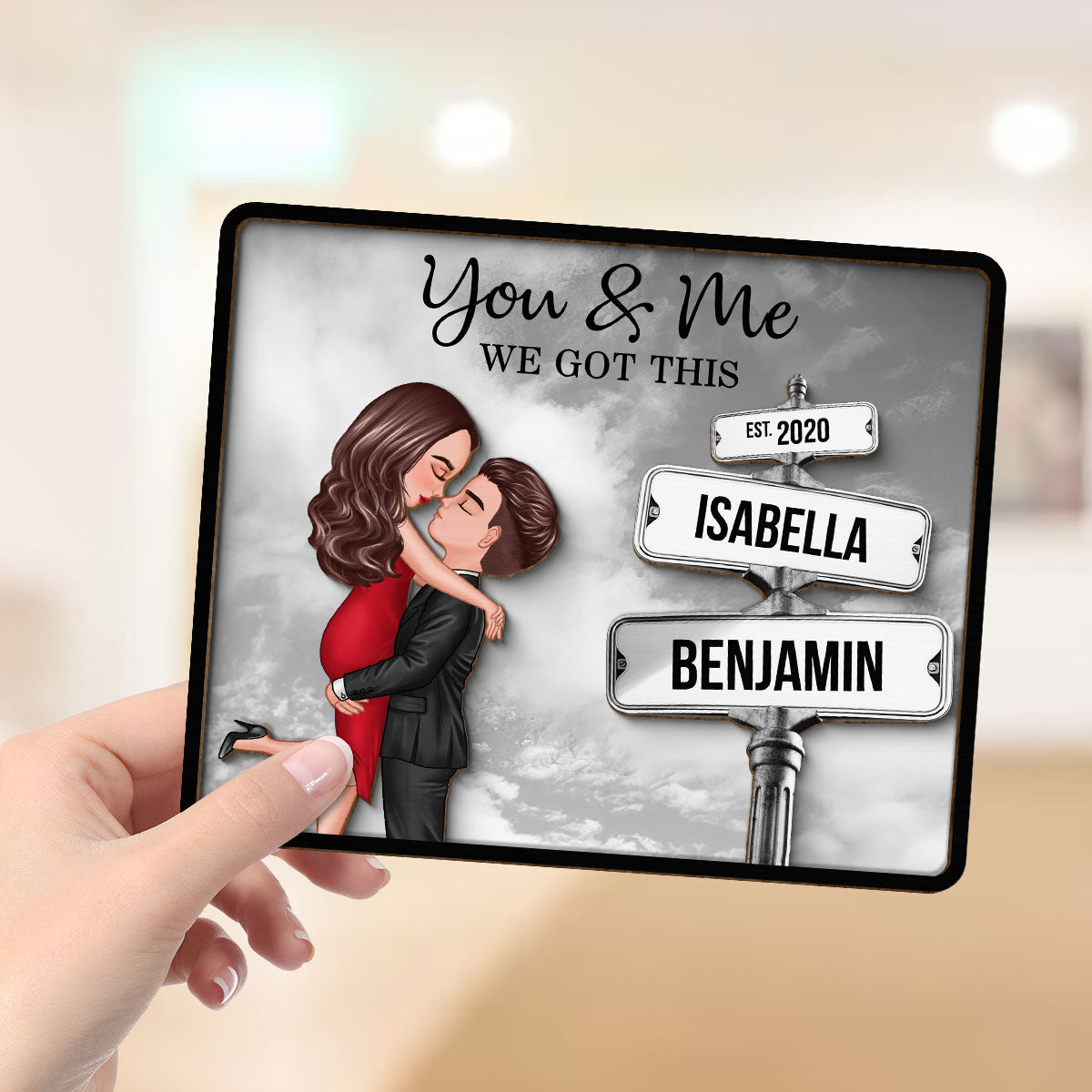 Couple Hugging Milestone Together Personalized Crossroads Street Sign 2-Layered Wooden Plaque, Best Home Bedroom Desk Decor For Couples, Gift For Her, For Him