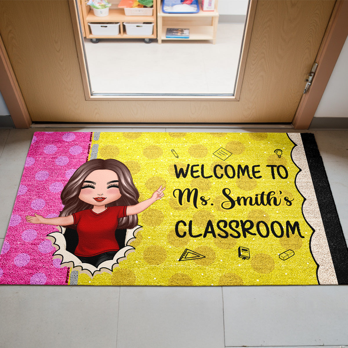 Welcome To My Class Happy Teacher Pencil Theme Personalized Doormat, Classroom Decor