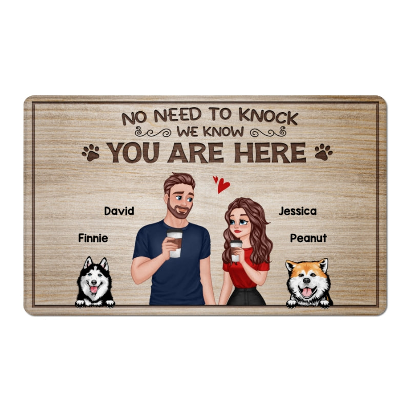 No Need To Knock Cartoon Couple & Dogs Personalized Doormat