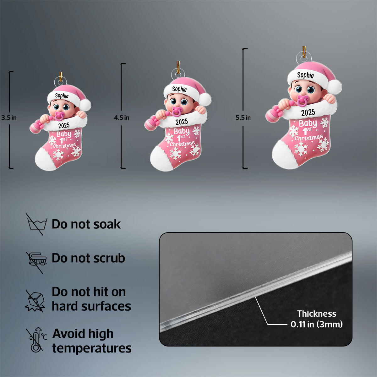 3D Effect Cute Cartoon Baby In Stocking Baby's 1st Christmas Personalized Acrylic Flat Ornament
