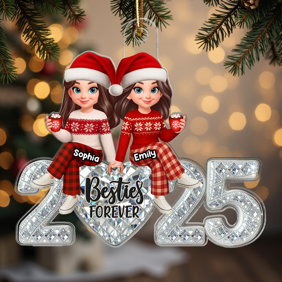 3D Shining Effect Heart Besties Forever Together - Personalized Acrylic Ornament - Heartwarming Gift For Best Friend