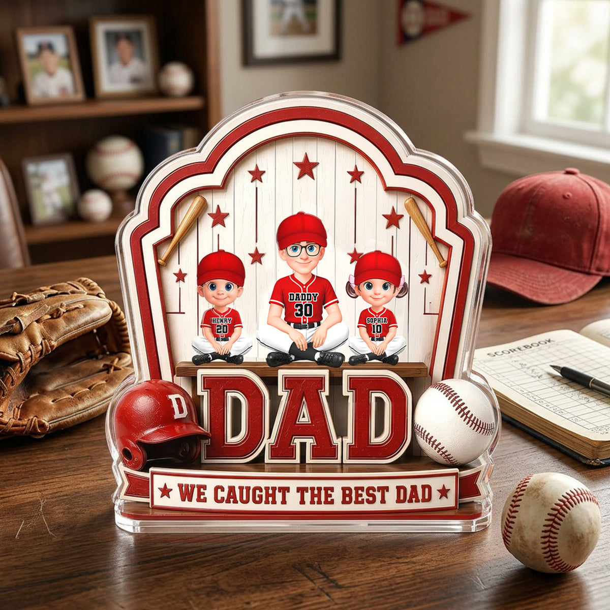 Baseball Best Dad & Kids - Personalized Acrylic Block Plaque - Gift For Dad, Husband