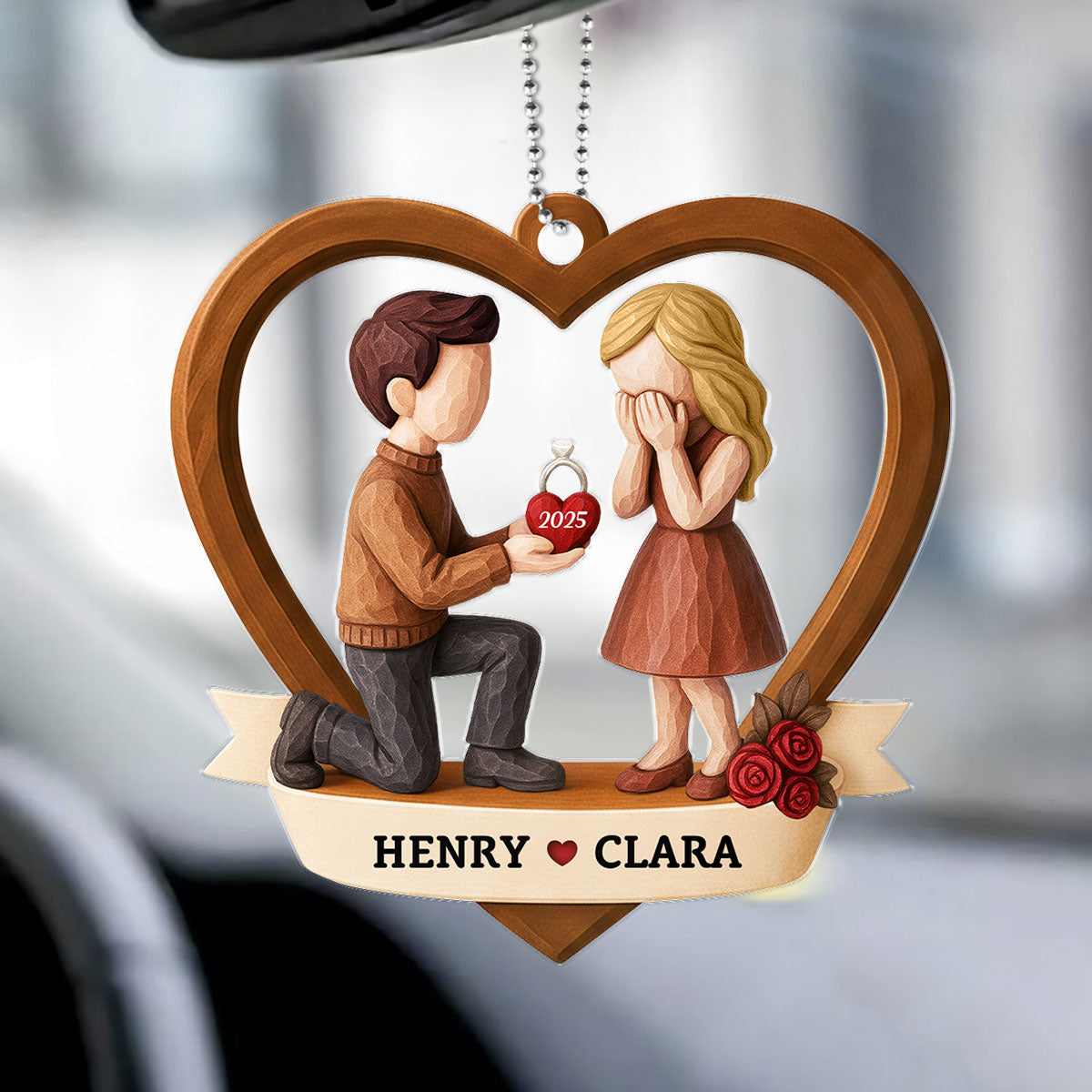 Couple Marriage Proposal 3D Wooden Effect - Personalized Acrylic Car Hanger - Newly Engaged Gift, ""She Said Yes!""