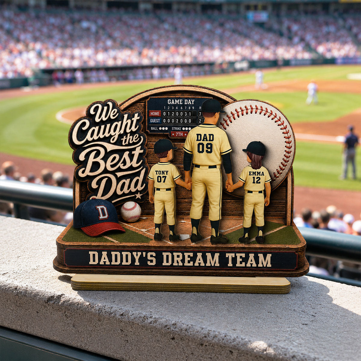 Baseball Things Dad & Kids Back View Standing 2D Flat - Personalized 2-Layered Wooden Plaque - Happy For Baseball Dad