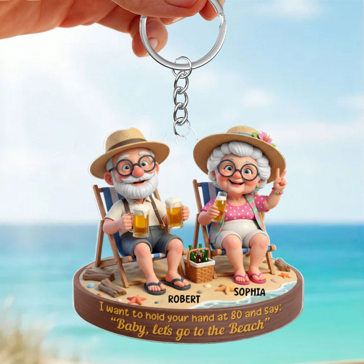 3D Effect Old Couple Baby Let's Go to the Beach - Personalized Acrylic Keychain - Sentimental Gift for him, for her
