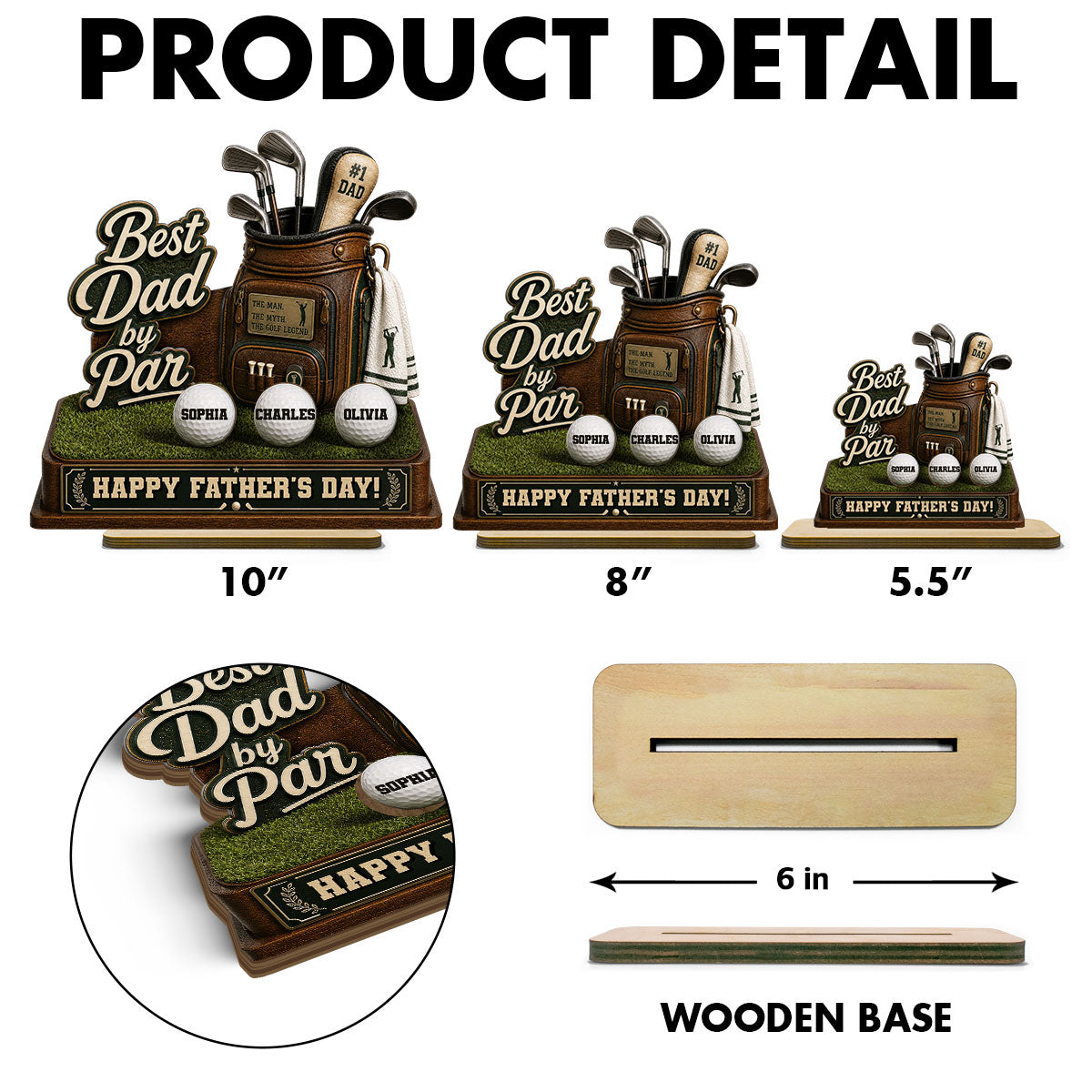 Best Dad By Par Custom Kid Name - Personalized 2-Layered Wooden Plaque - Gift For Golf Dad