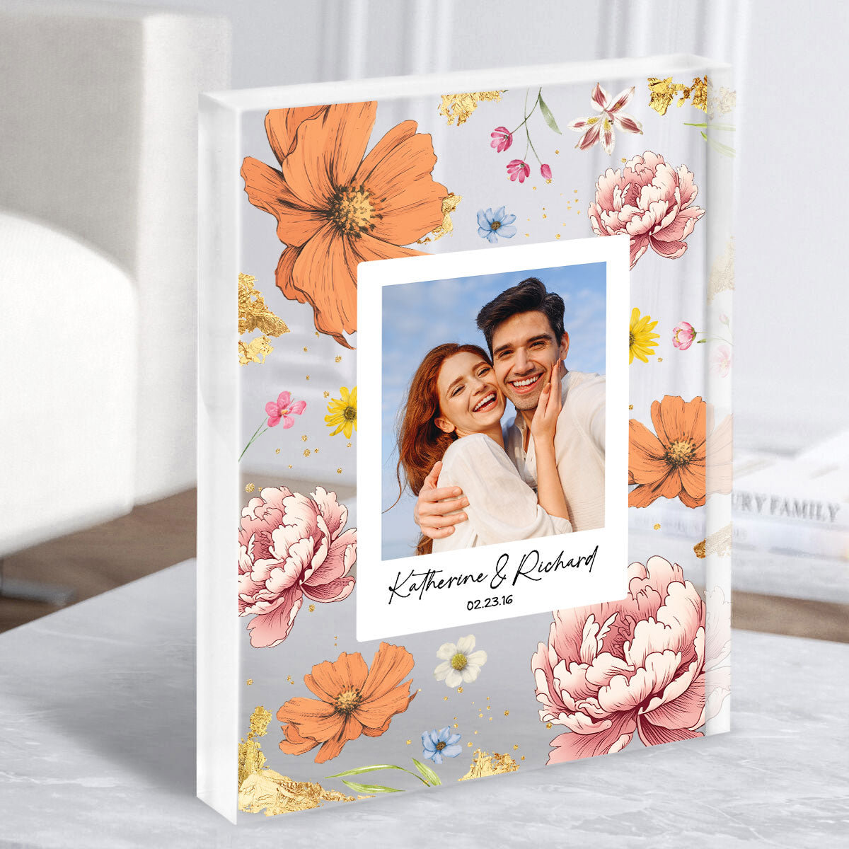 Couple Upload Photo Birth Month Flowers Personalized Acrylic Block Plaque, Anniversary Gift, Gift