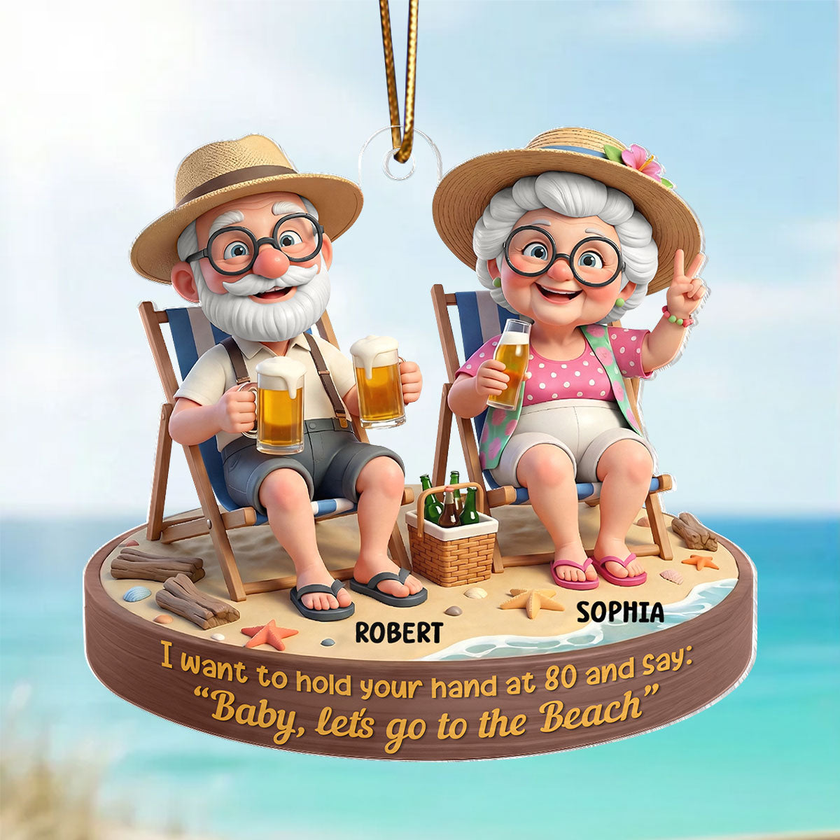 3D Effect Old Couple Baby Let's Go to the Beach - Personalized Acrylic Car Hanger - Sentimental Gift for him, for her
