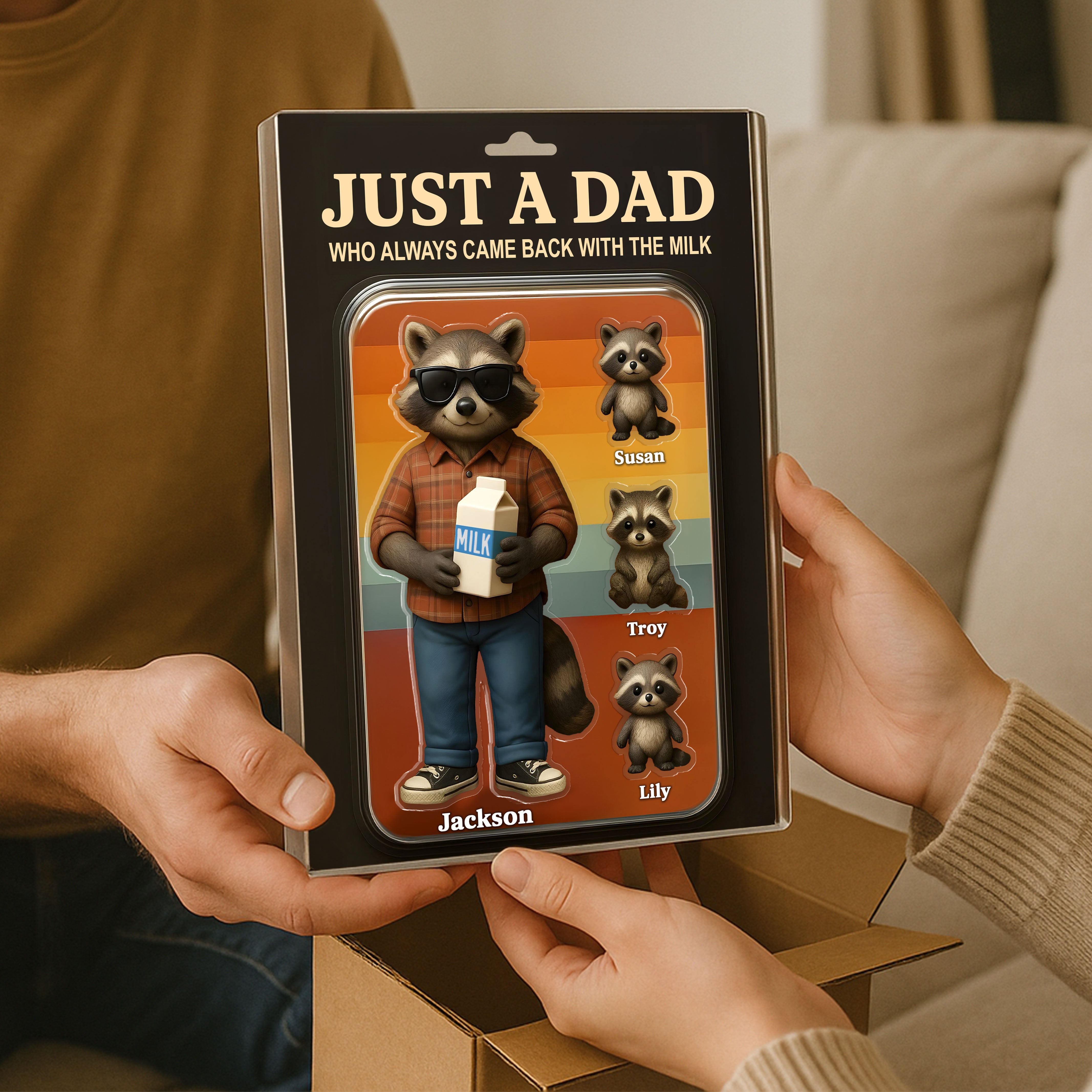 Just A Dad Always Came With Milk Funny Raccoon Dad Figure Personalized Acrylic Block