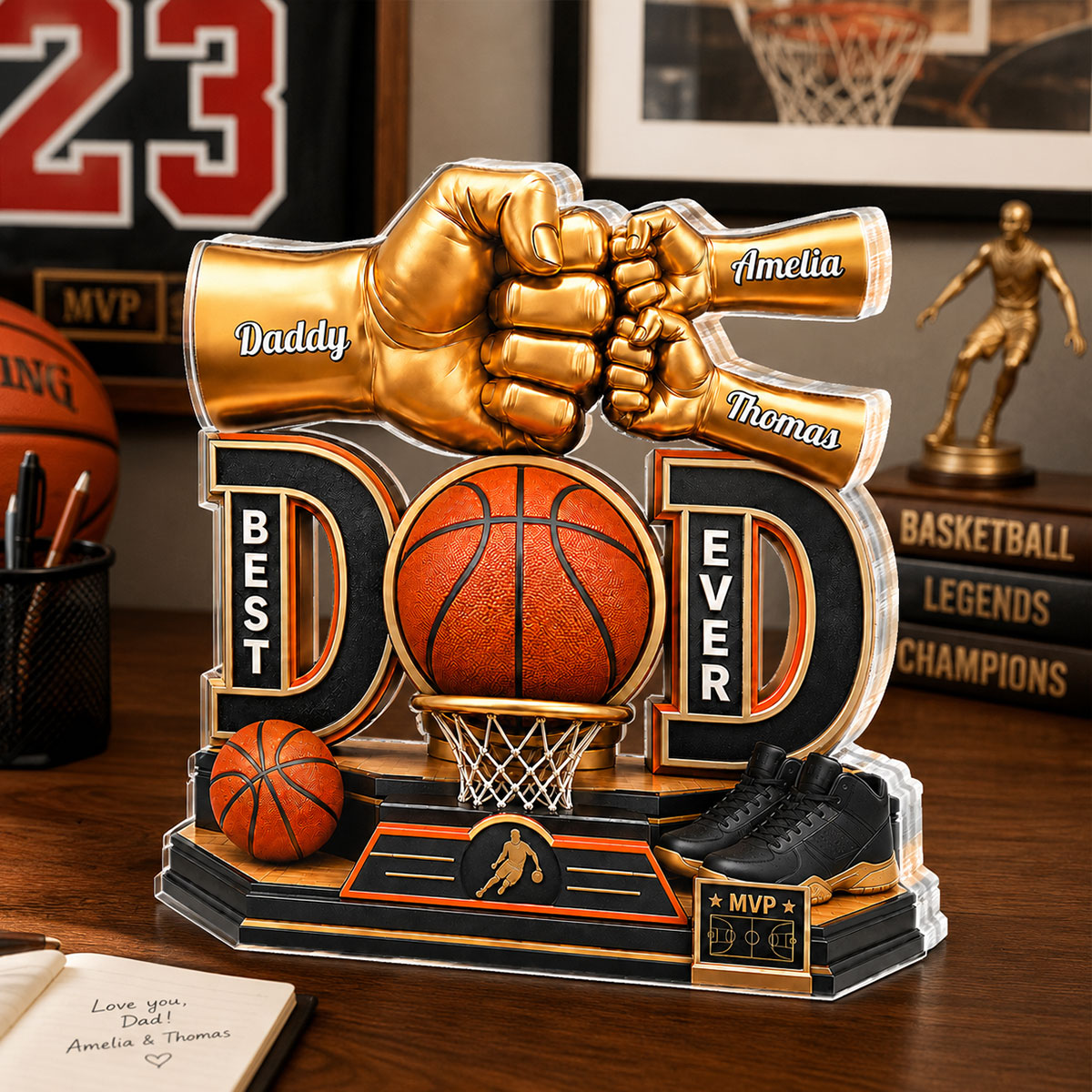 Basketball Dad & Kids Fist Bump - Personalized Acrylic Block Plaque - Gift For Dad, Husband