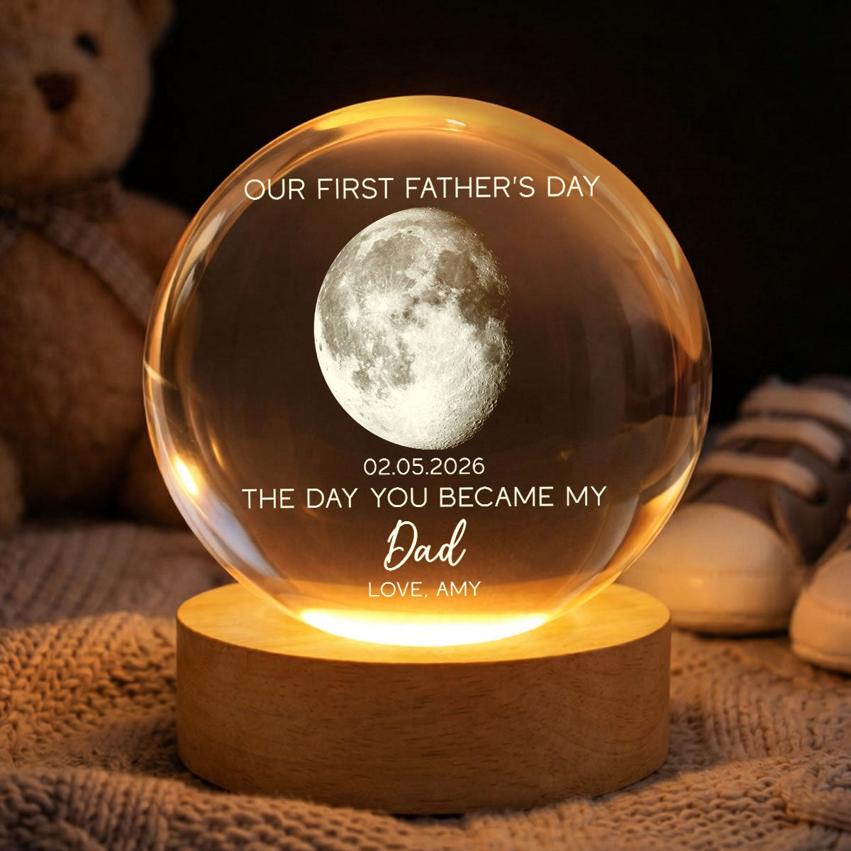 The Day You Became My Dad Custom Moon Phase First - Personalized Crystal Ball LED Night Light - First Gift For New Dad