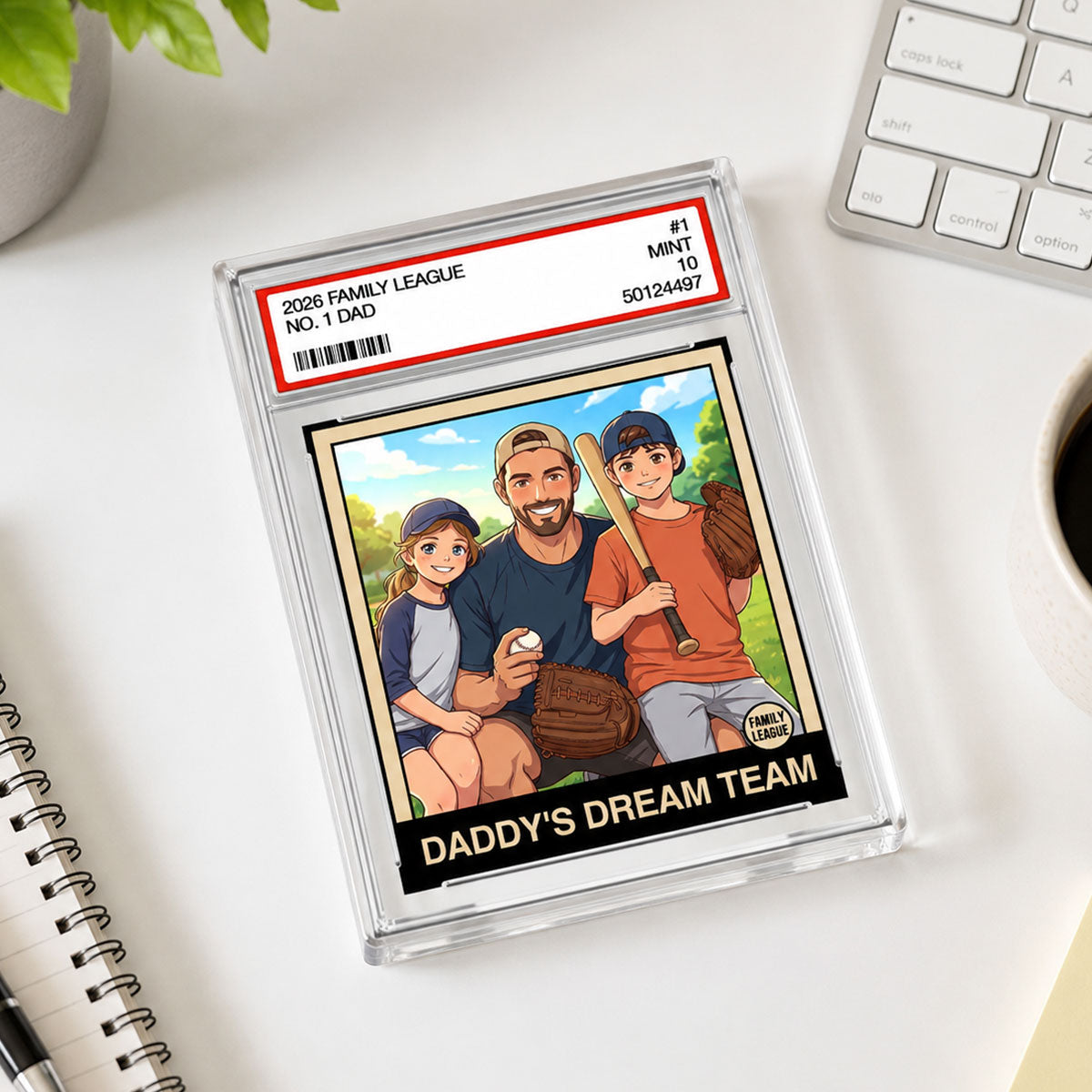 Cartoon Style Baseball Daddy's Dream Team Trading Card - Personalized Acrylic Block Plaque - Gift For Baseball Dad, Husband