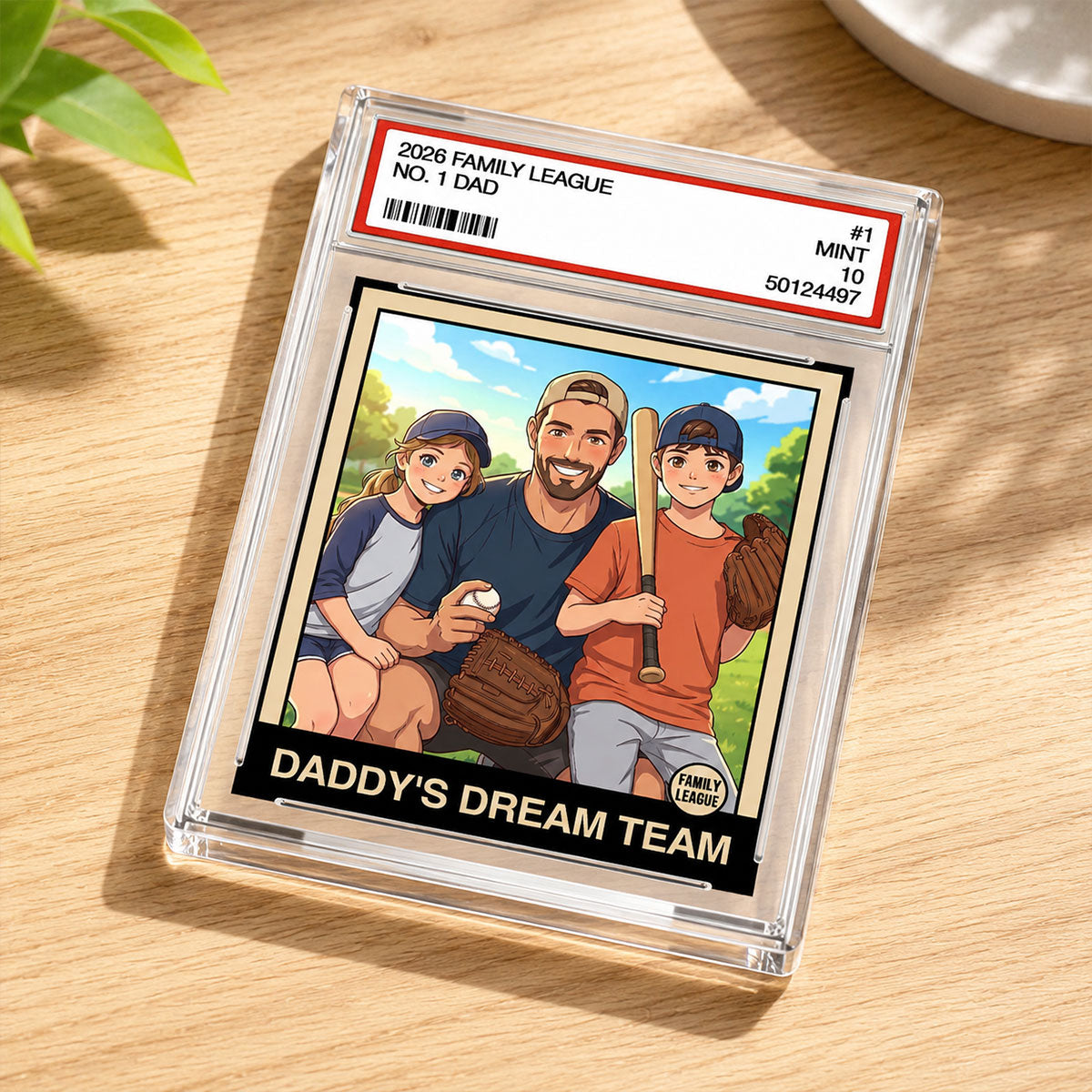 Cartoon Style Baseball Daddy's Dream Team Trading Card - Personalized Acrylic Block Plaque - Gift For Baseball Dad, Husband