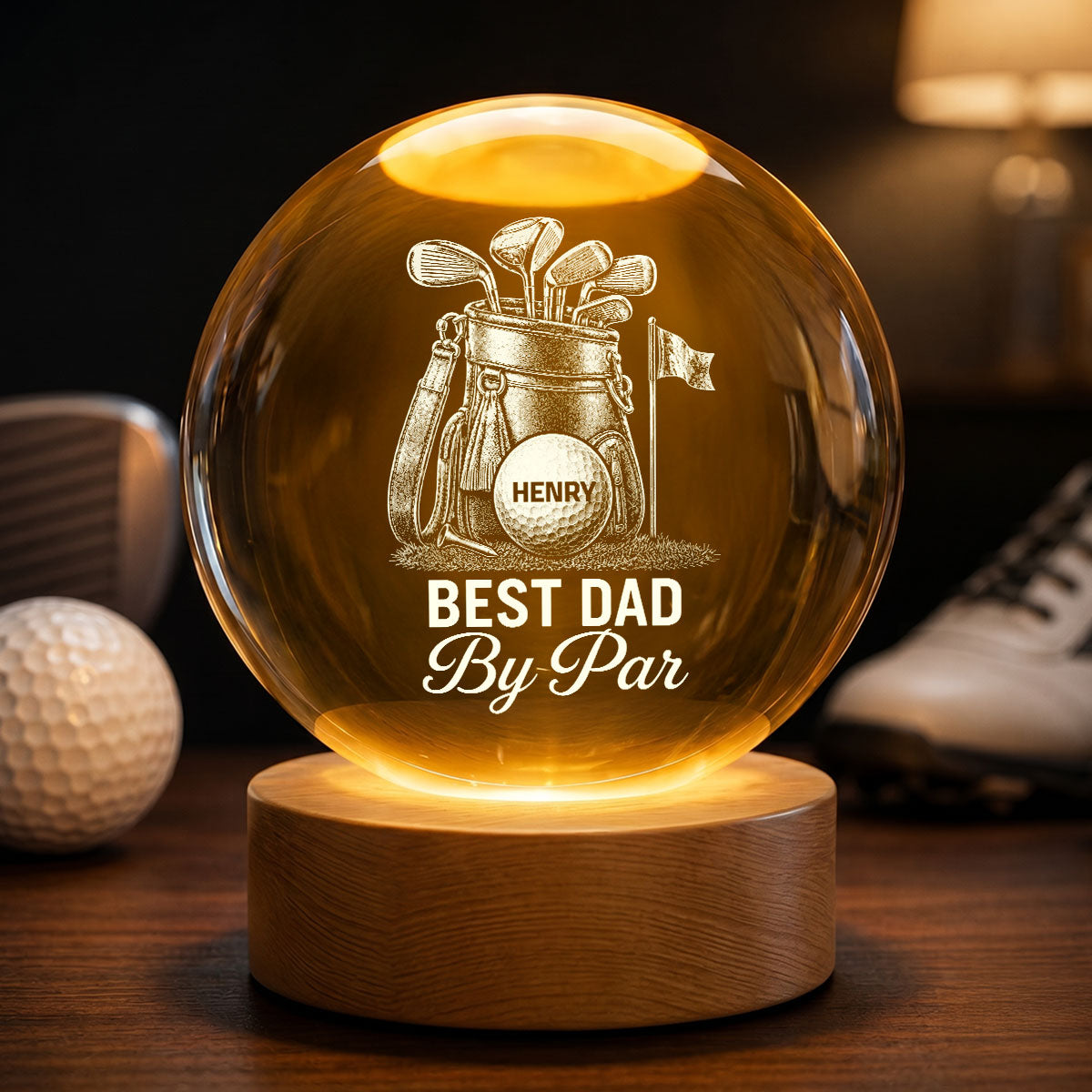 Best Dad By Par Golf Dad - Personalized Crystal Ball LED Night Light - Gift For Dad, Golf Lover