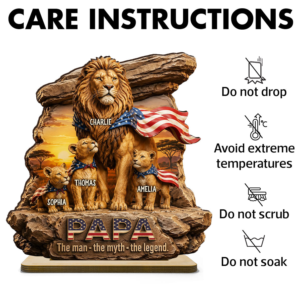 Lion Dad Papa the Legend - Personalized 2-Layered Wooden Plaque - Gift for Dad, Husband