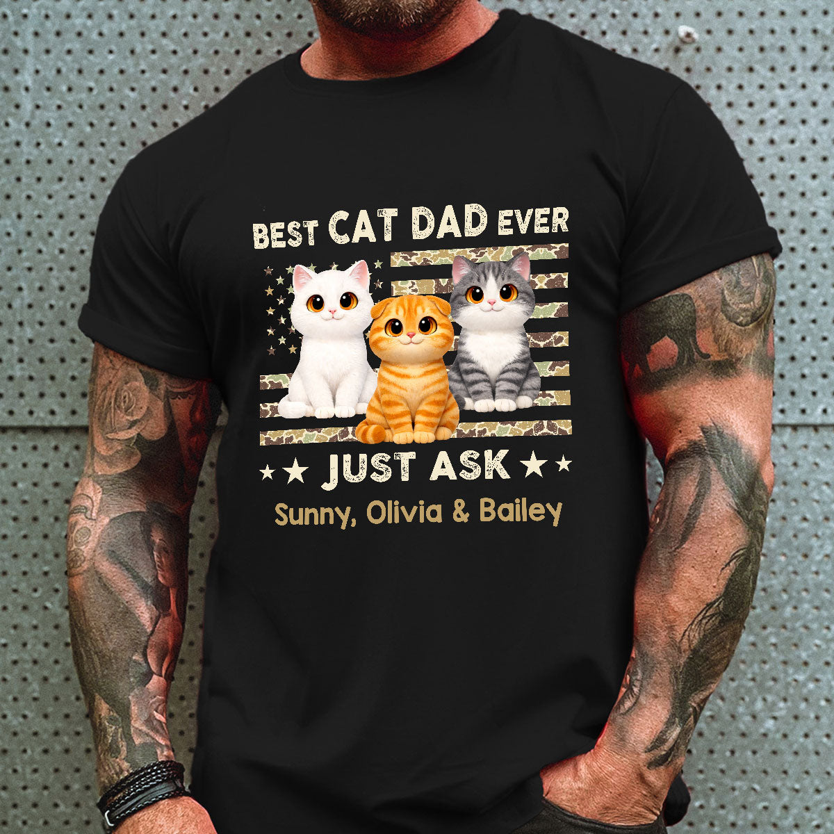 Best Cat Dad Ever Trendy Camouflage Pattern Nation Flag - Personalized Shirt - Father's Day Gift For Cat Dad, Cat Lovers
