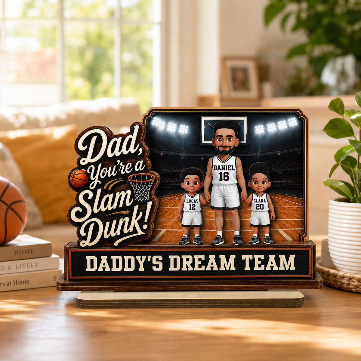 Dad You Are A Slam Dunk Basketball Man & Kids 2D Flat - Personalized 2-Layered Wooden Plaque - Gift For Basketball Dad