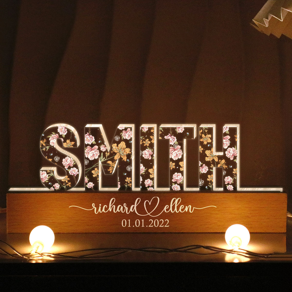 Mr & Mrs Family Name Wedding Anniversary Gift for her & for him, Custom Flower Printed LED Night Light