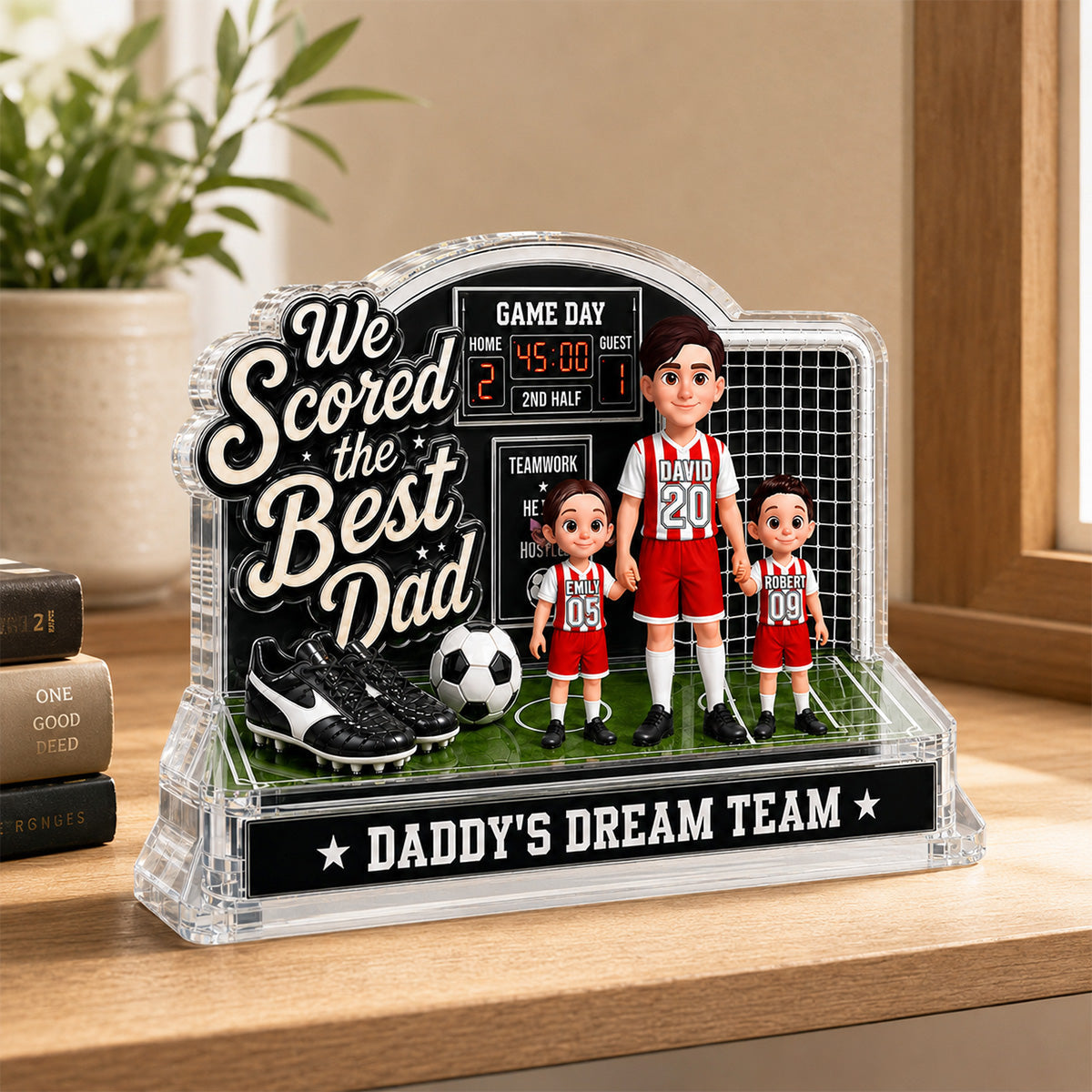 Soccer Dad & Kids On Court 2D Flat - Personalized Acrylic Block Plaque - Gift For Soccer Dad, UK Football Dad