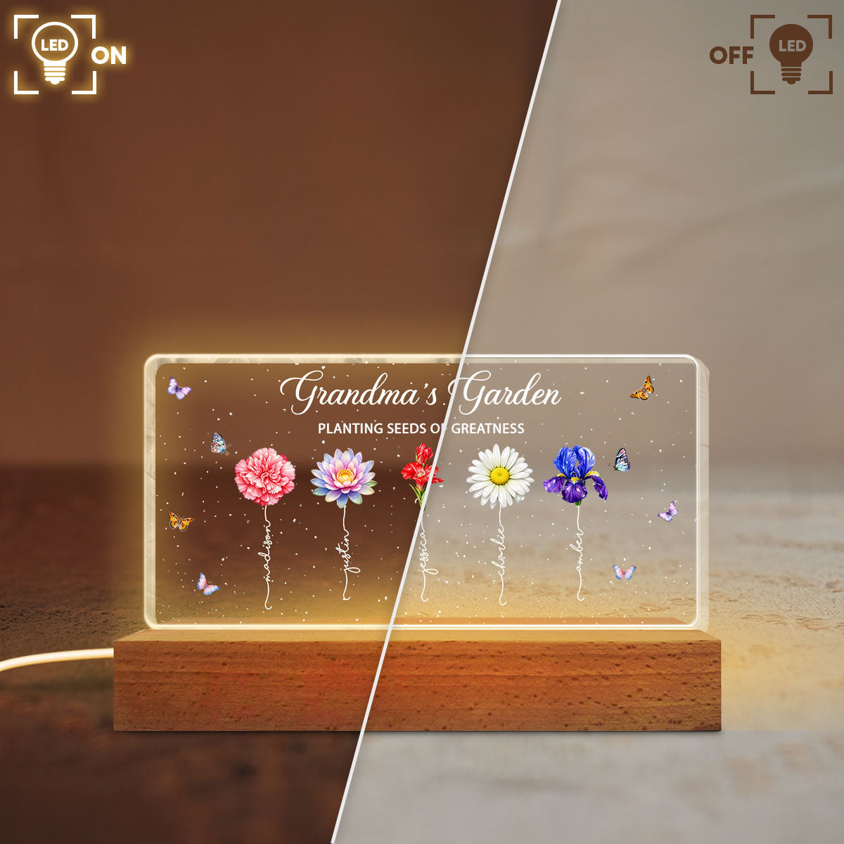 Grandma's Garden Planting Seeds of Greatness - Personalized Acrylic Block LED Night Light - Sentimental Gift for Grandma