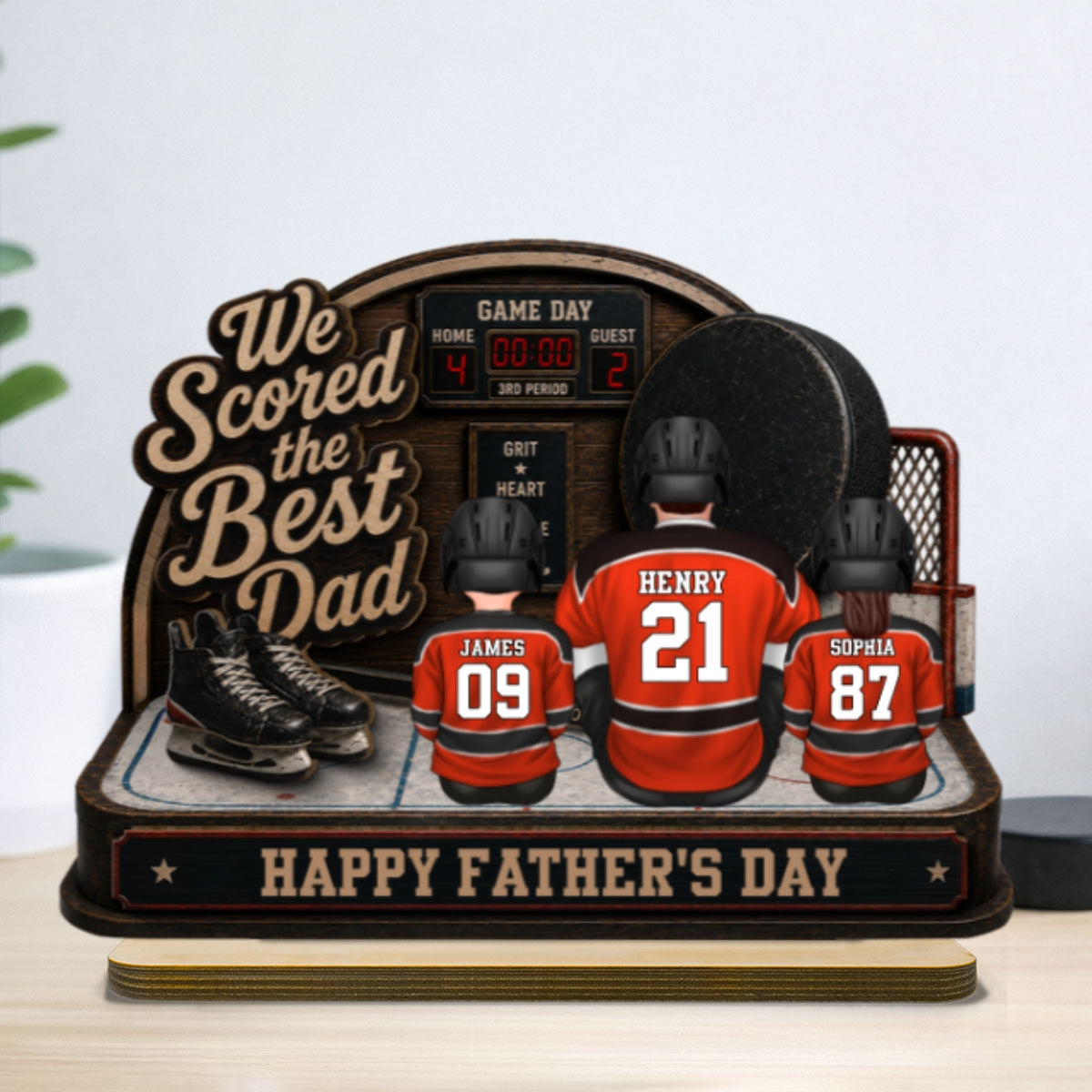 Hockey Dad & Kids Sitting On Court 2D Flat - Personalized 2-Layered Wooden Plaque - Gift For Hockey Dad