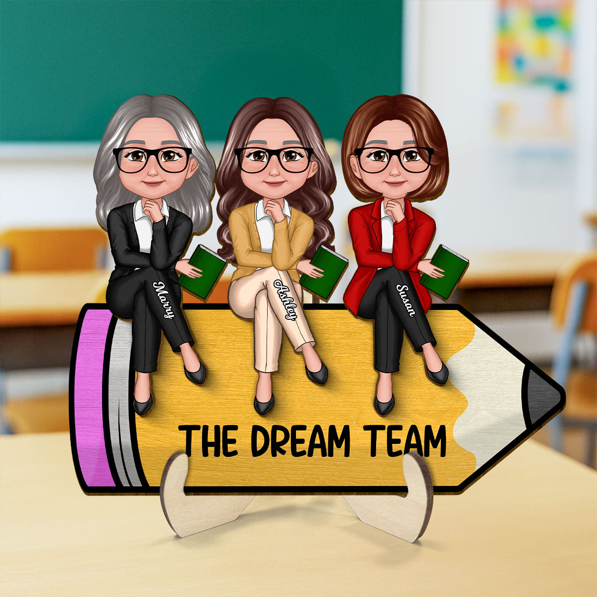 Doll Teacher Best Friends Colleagues Sitting On Pencil Personalized 2-Layer Wooden Plaque, Back To School Gift, Teacher Appreciation Gift, Classroom Decor