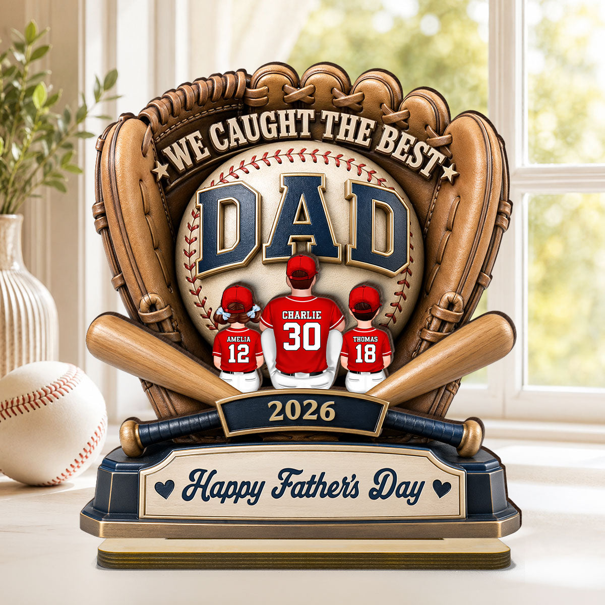 Dad's Greatest Catch Baseball - Personalized 2-Layered Wooden Plaque - Gift For Dad, Husband