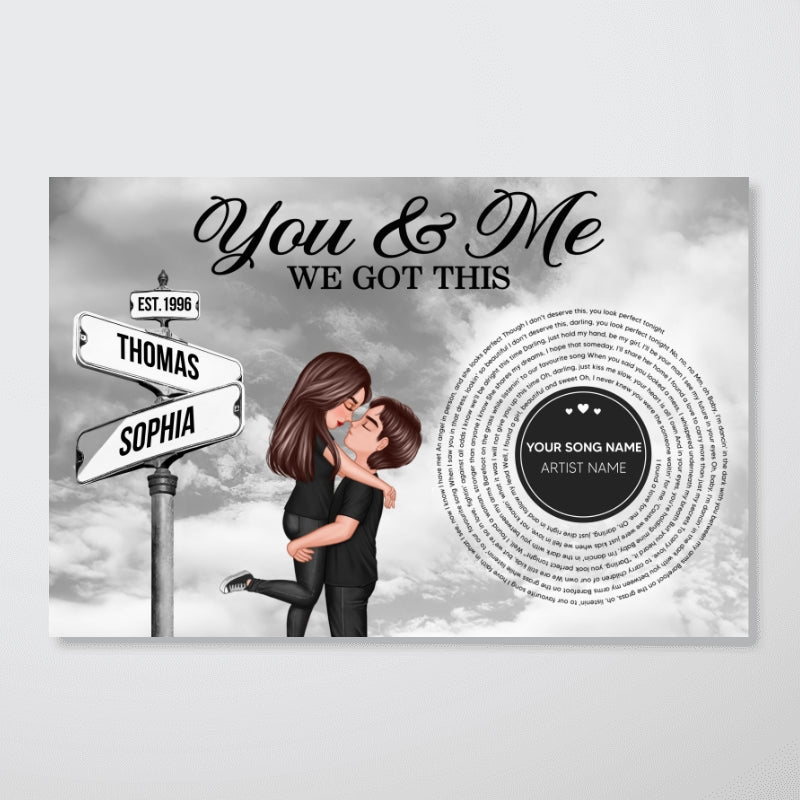 Vintage Street Sign Couple Hugging Kissing Personalized Song Lyrics Poster, Anniversary Gift For Him, For Her