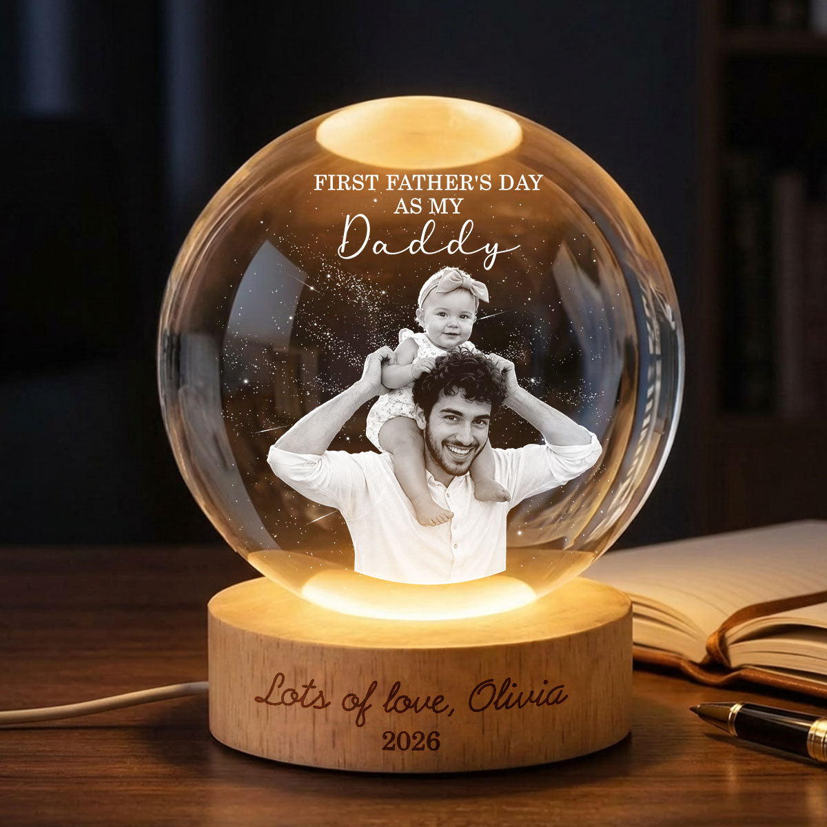 First as My Daddy - Personalized Crystal Ball LED Night Light - Gift for Dad
