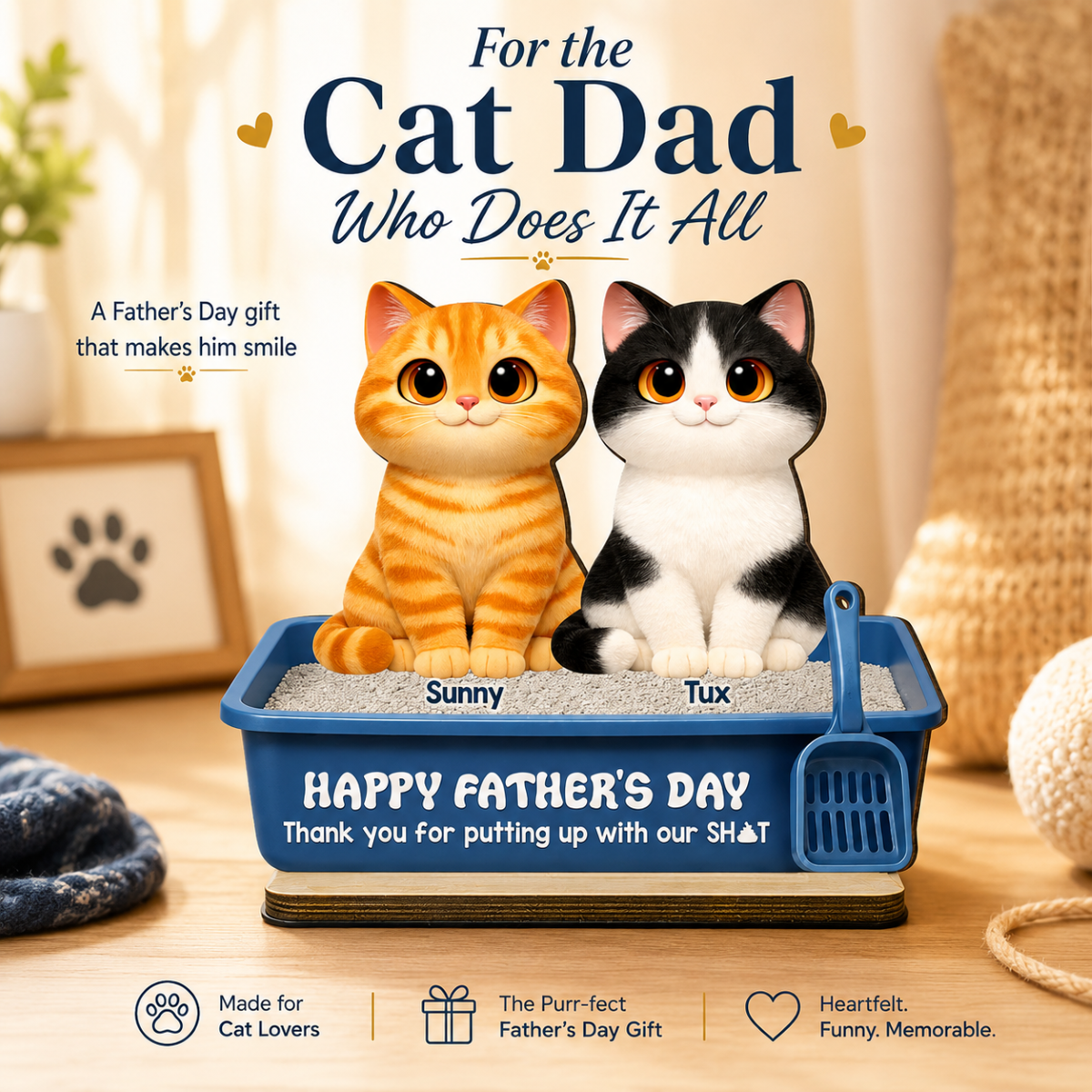 Cute Fluffy Cats Happy Thanks For Feeding And Scooping Poo 2D Flat - Personalized 2-Layered Wooden Plaque - Funny Gift For Cat Dad, Cat Lovers