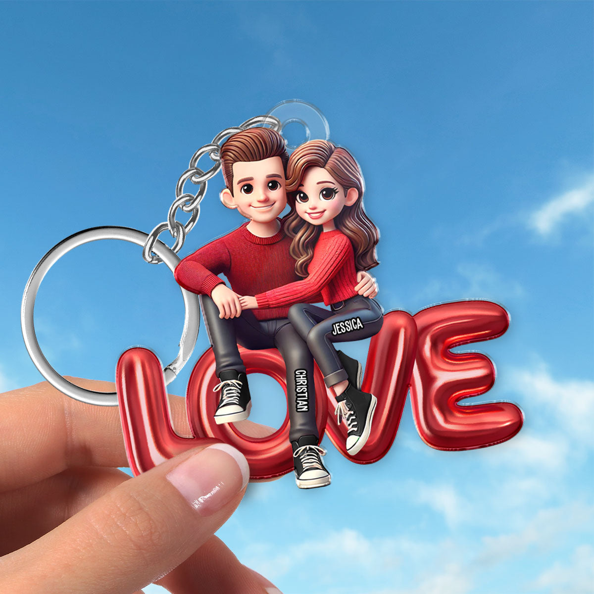 3D Effect Couple Sitting On LOVE Personalized Acrylic Keychain, gift, Anniversary Gift for Couples