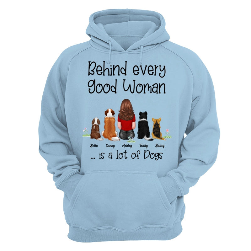 Behind Good Woman Are Dogs Back View Sitting Dog Personalized Light Color Shirt - Gift For Dog Lover