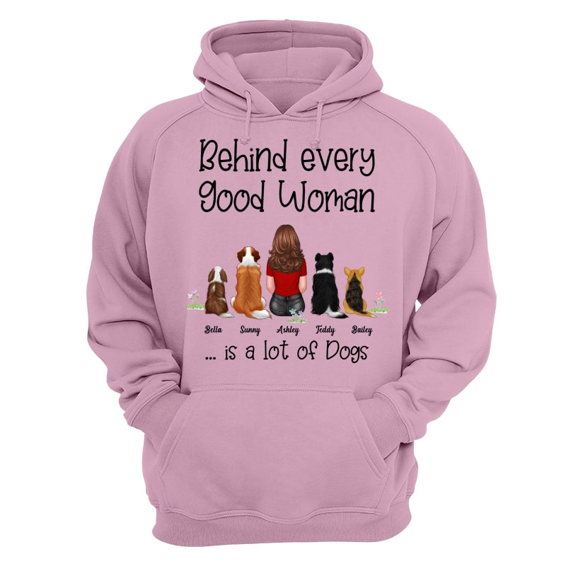 Behind Good Woman Are Dogs Back View Sitting Dog Personalized Light Color Shirt - Gift For Dog Lover