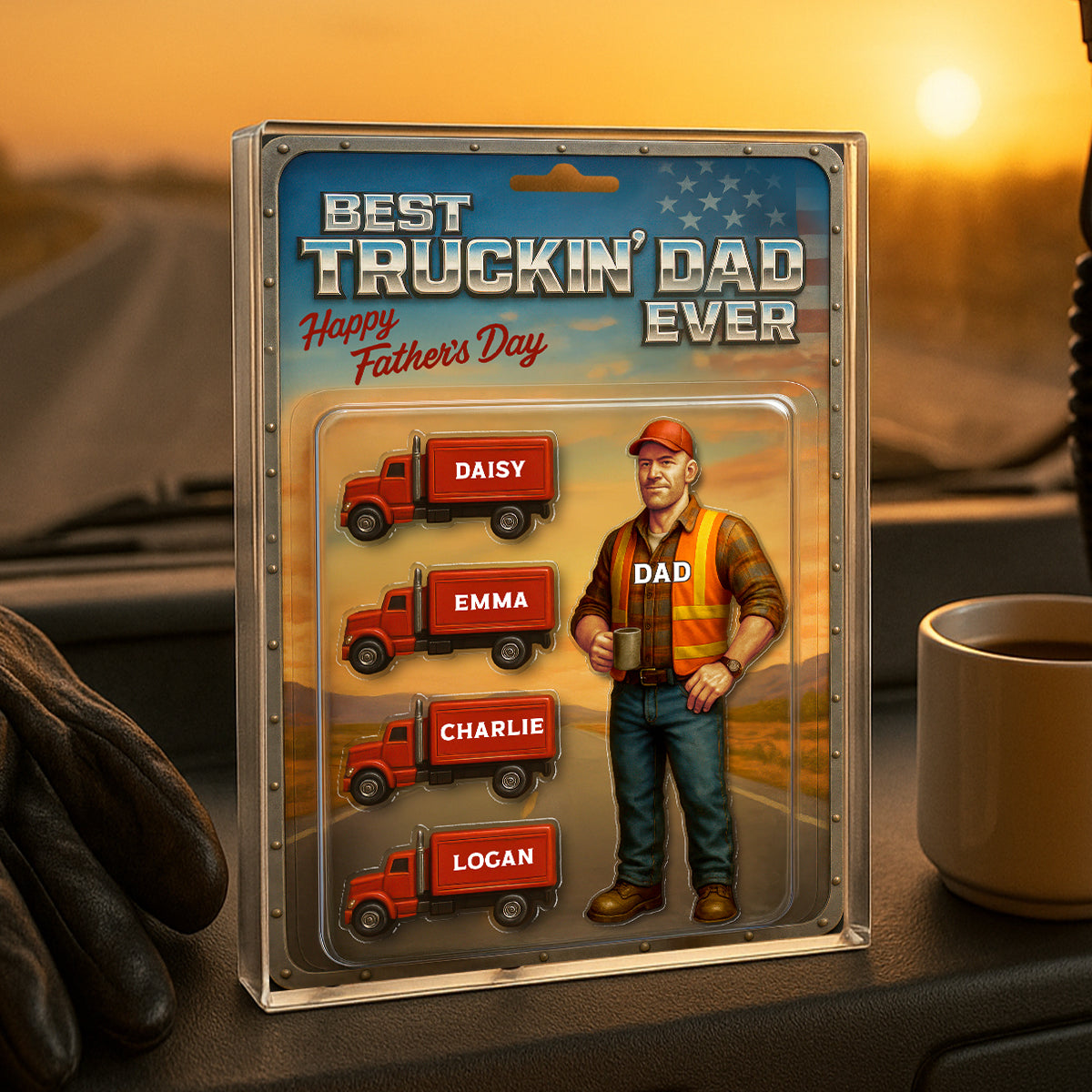 Best Truckin' Dad Ever Nation Flag Custom Action Figure Personalized Acrylic Block Plaque, Gift for Trucker Dad