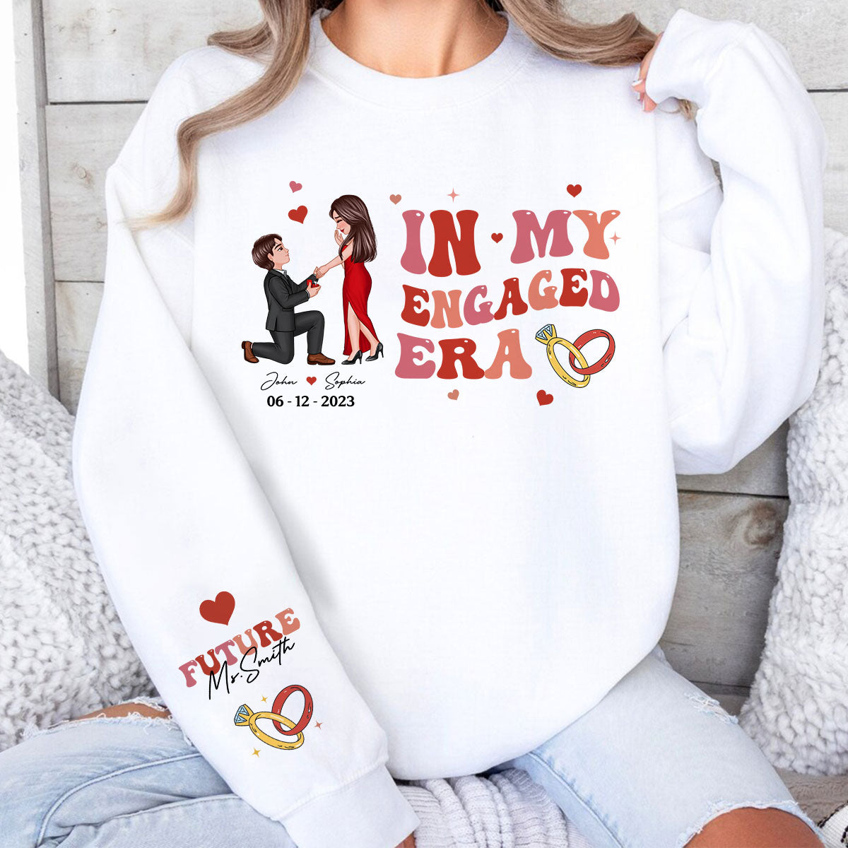 In My Engaged Era Proposing Couple Personalized Sleeved Printed Sweatshirt, Gift, Engagement Gift For Her, Gift For The Bride-To-Be