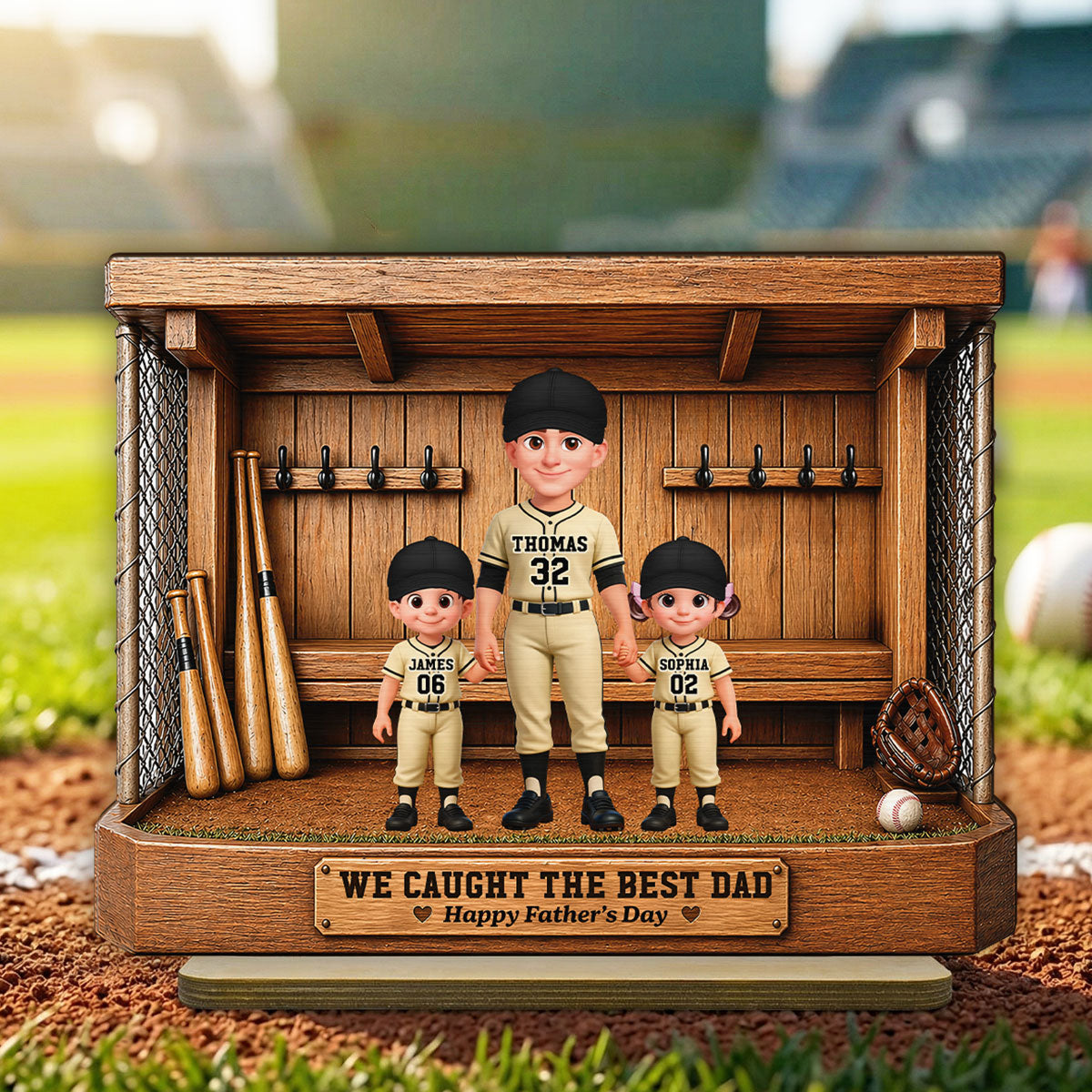 Baseball Dugout Dad And Kids We Caught The Best Dad - Personalized 2-Layered Wooden Plaque - Gift For Dad