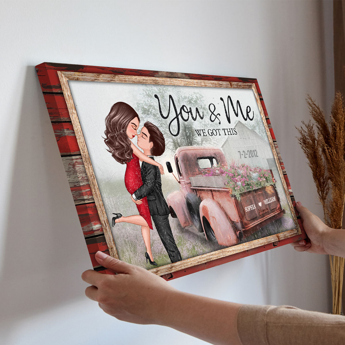 Red Vintage Truck Farmhouse Couple Hugging Kissing Personalized Canvas Print, Anniversary Gift For Him, For Her