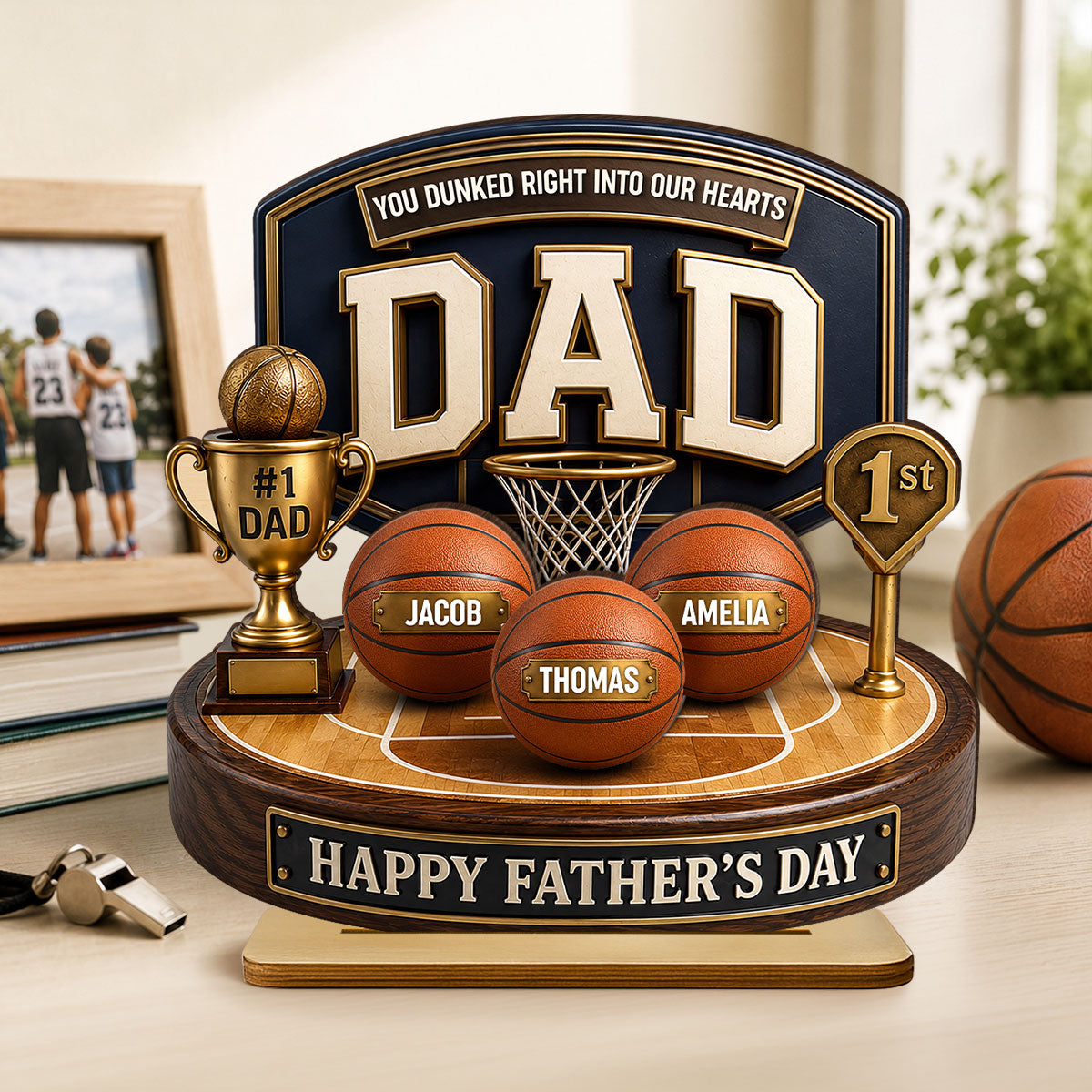 Basketball Trophy You Dunked Right Into Our Hearts - Personalized 2-Layered Wooden Plaque - Gift For Dad, Husband